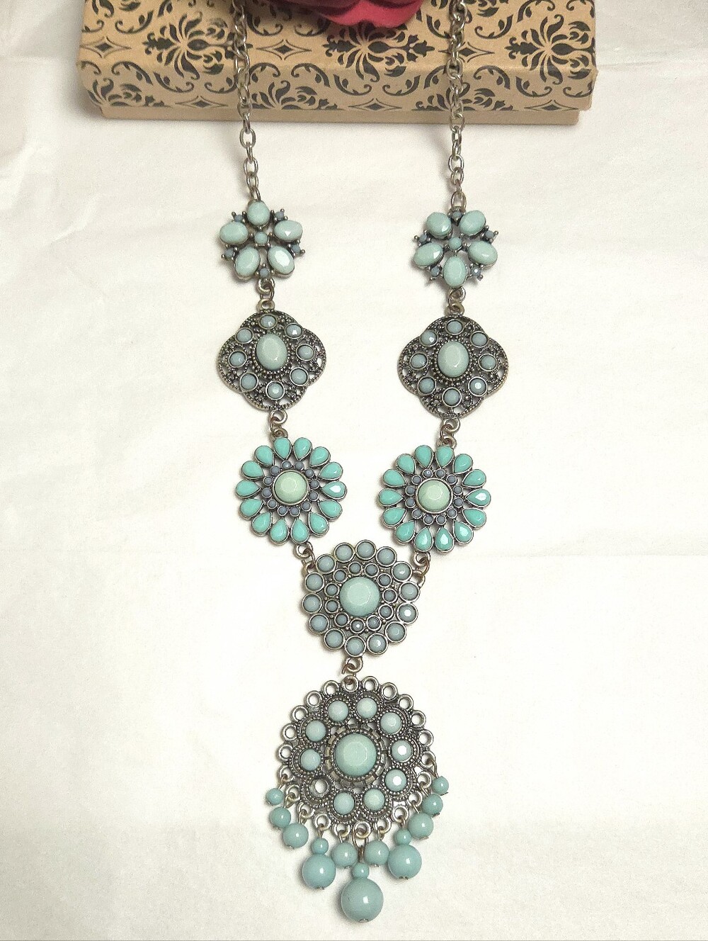 Boho Style Faux Turquoise Acrylic Dangle Statement Necklace 24" Long